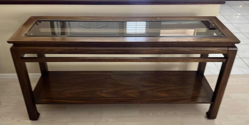 Photo 1 of WALNUT SOFA TABLE W GLASS INSET TOP   57” x 18” H27”