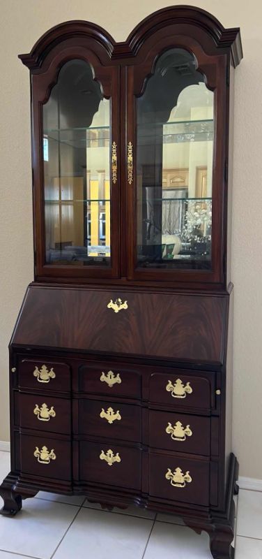 Photo 2 of THOMASVILLE CHIPPENDALE FLAME MAHOGANY SECRETARY DESK BOOKCASE 36” x 19” H84”