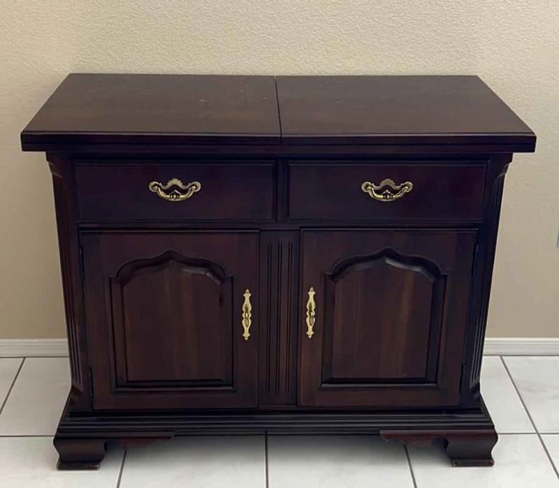 Photo 1 of THOMASVILLE MAHOGANY FOLD-OUT BUFFET W GOLD HARDWARE (FOLDED W40” UNFOLDED W80” x D18” H33”)
