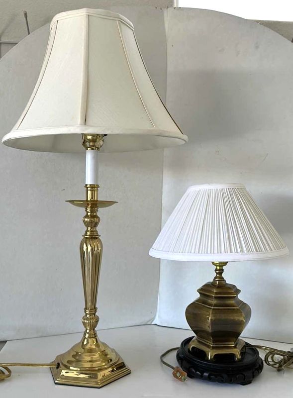 Photo 1 of 2-BRASS TABLE LAMPS W SHADES