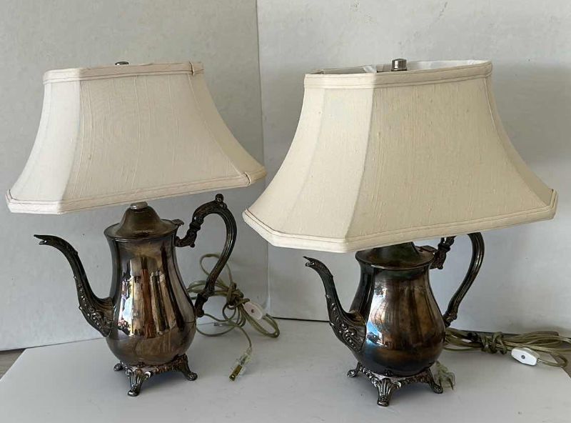 Photo 1 of 2- VINTAGE SILVER TEAPOT BASE TABLE LAMPS W SHADES H27"
