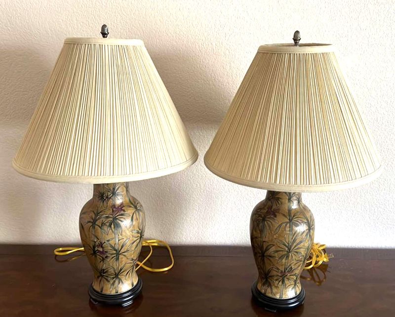 Photo 1 of 2-PORCELAIN BAMBOO W BIRDS TABLE LAMPS W PLEATED SHADES H27”