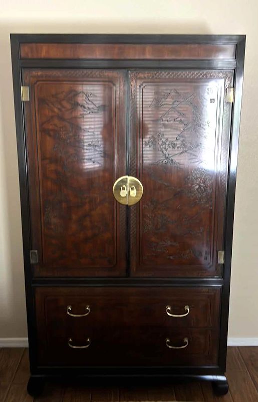 Photo 1 of VINTAGE HERITAGE MAHOGANY W BLACK CARVED DETAIL WARDROBE CABINET  44” x 18” H79”