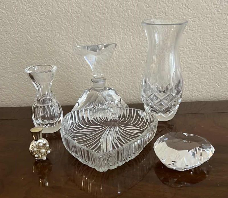 Photo 1 of 6- GLASS COLLECTIBLE’S (VASES, PERFUME BOTTLES, CANDY DISH & HEART PAPERWEIGHT)