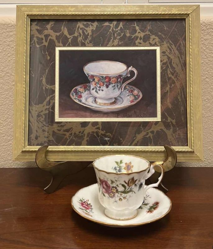 Photo 1 of FRAMED “TEACUP AND SAUCER” ARTWORK 13” x 11” W ENGLAND BONE CHINE TEACUP SET