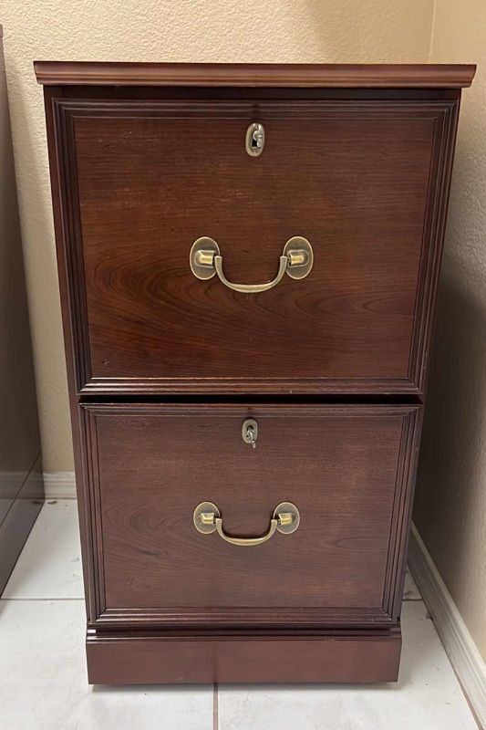 Photo 1 of MAHOGANY 2 DRAWER FILE CABINET ON WHEELS W BRASS TRIM & LOCKING KEYS  16” x 23” H29”