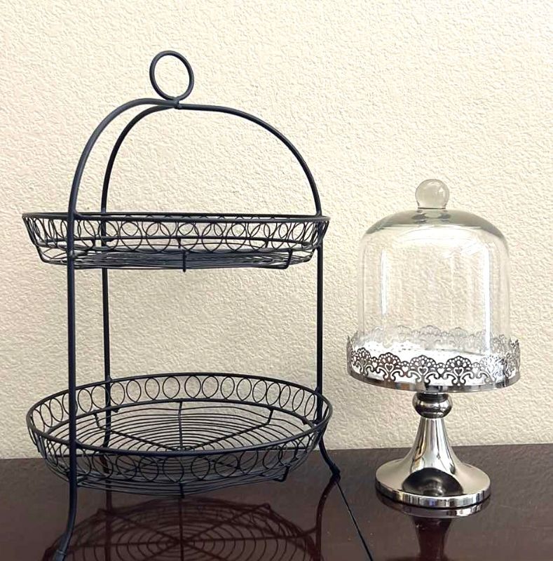 Photo 1 of CAKE HOLDER W GLASS DOME, WROUGHT IRON 2 TIERED STAND