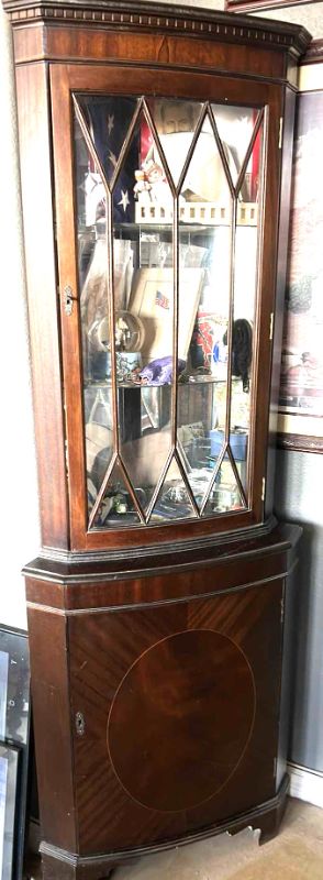 Photo 6 of MAHOGANY WOOD 2 DOOR CORNER CURIO CABINET W GLASS SHELVES  (CONTENTS NOT INCLUDED) 26” x 15 x 70”