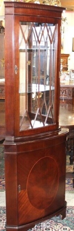 Photo 1 of MAHOGANY WOOD 2 DOOR CORNER CURIO CABINET W GLASS SHELVES  (CONTENTS NOT INCLUDED) 26” x 15 x 70”