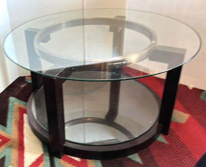 Photo 2 of WOOD AND METAL COFFEE TABLE WITH GLASS TOP MIRROR BOTTOM 36” x 18”