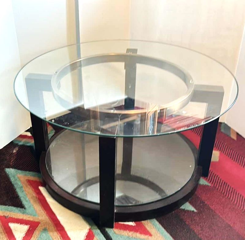 Photo 1 of WOOD AND METAL COFFEE TABLE WITH GLASS TOP MIRROR BOTTOM 36” x 18”