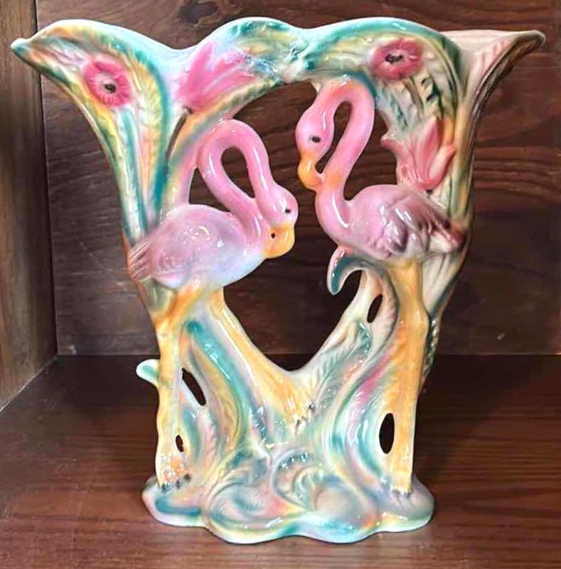 Photo 1 of PORCELAIN VASE WITH FLAMINGOS MADE IN ITALY H12.5”