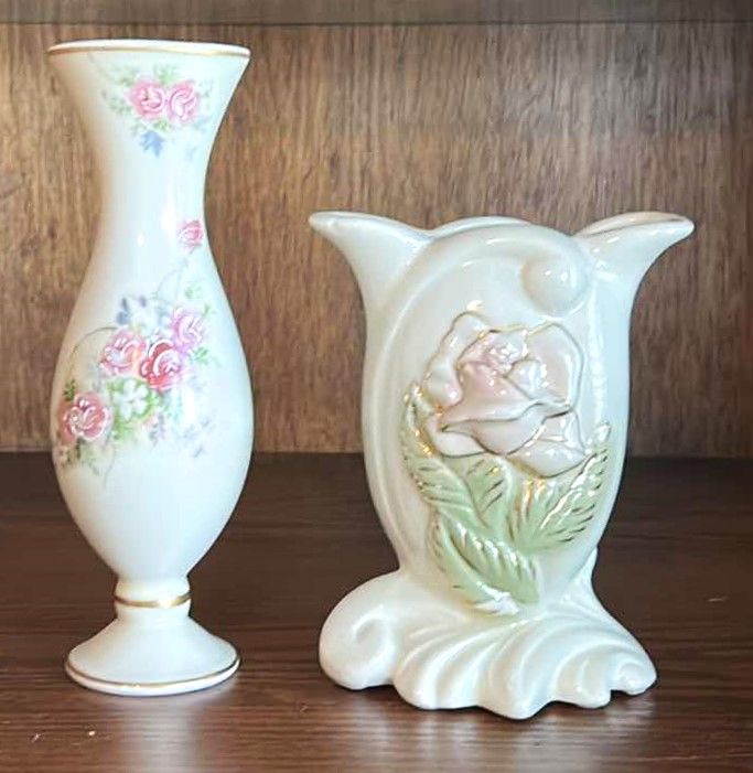 Photo 1 of 2 VINTAGE HAND PAINTED VASES TALLEST 8”