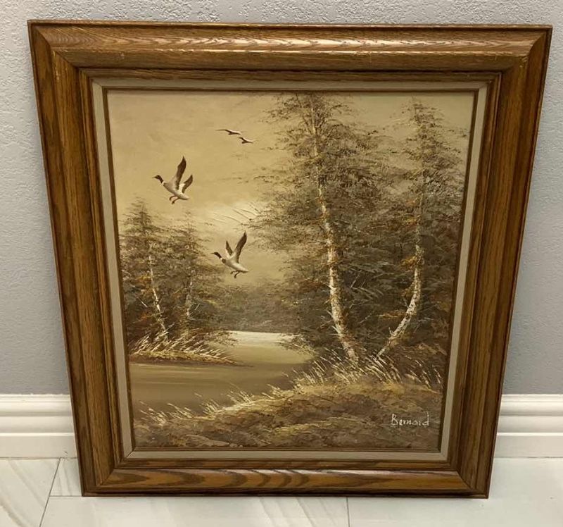 Photo 1 of "DUCKS IN WILDERNESS OIL PAINTING ON CANVAS SIGNED BY BERNARD 27” X 31”