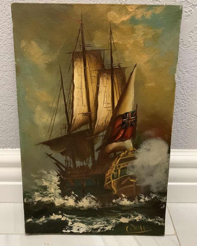 Photo 1 of ENGLISH WARSHIP PAINTING SIGNED 11” X 16”