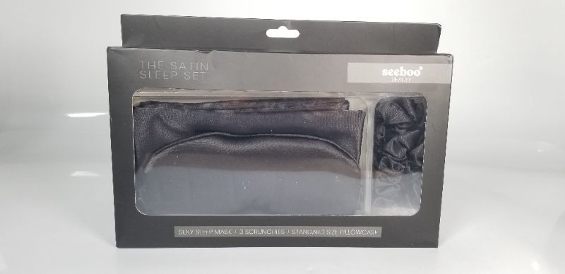 Photo 1 of SEEBOO BEAUTY BLACK SATIN SLEEP SET INCLUDES SILKY SLEEP MASK, 3 SCRUNCHIES, AND A STANDARD SIZE PILLOWCASE NEW 