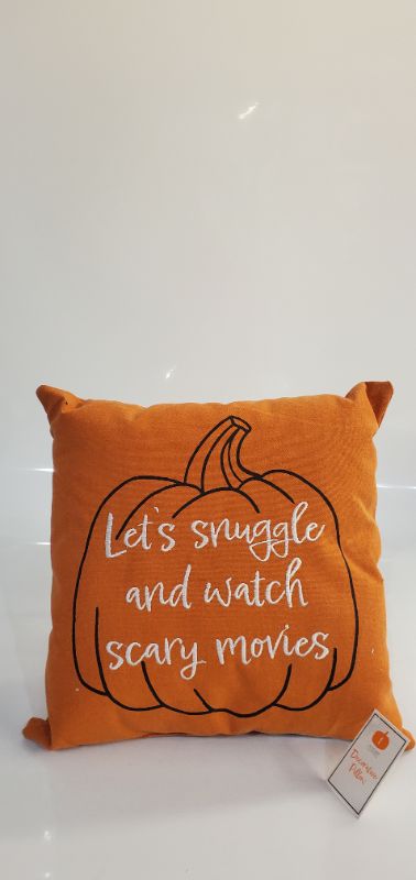 Photo 1 of "LET'S SNUGGLE AND WATCH SCARY MOVIE" ORANGE PUMPKIN PILLOW 14IN X 14IN 