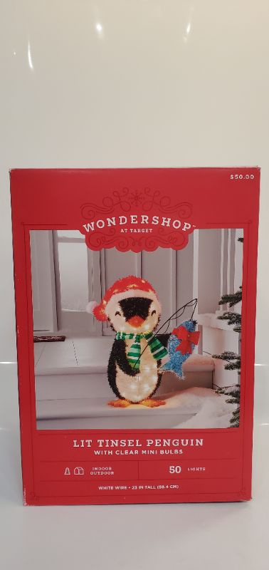 Photo 1 of WONDERSHOP - LIT TINSEL PENGUIN WITH CLEAR MINI BULBS - 23" TALL 