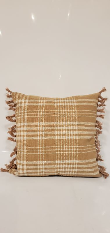 Photo 1 of Woven Plaid Square Throw Pillow with Side Tassels Brown/Cream