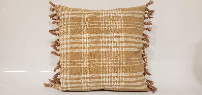 Photo 2 of Woven Plaid Square Throw Pillow with Side Tassels Brown/Cream