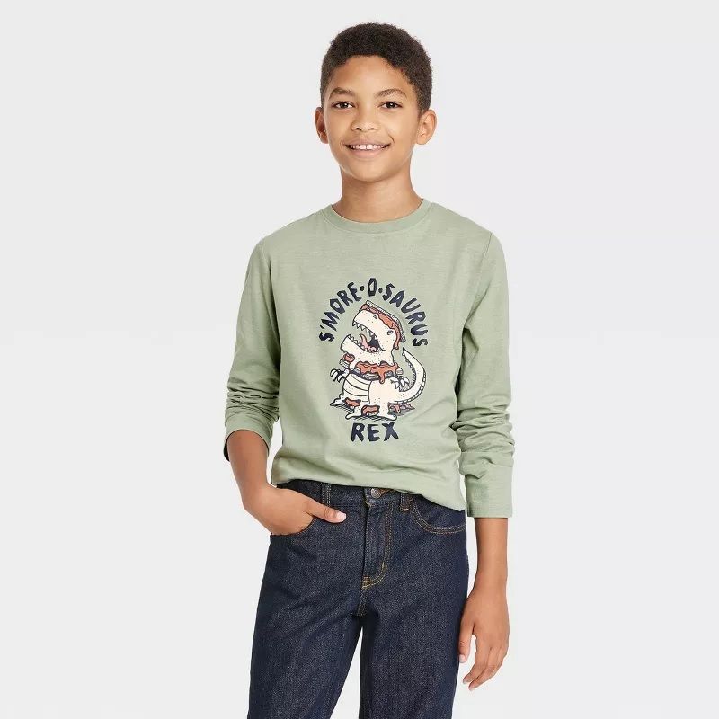 Photo 1 of Boys' Smore-o-saurus Rex' Long Sleeve Graphic T-Shirt - Cat & Jack Sage Green - SMALL (6-7)