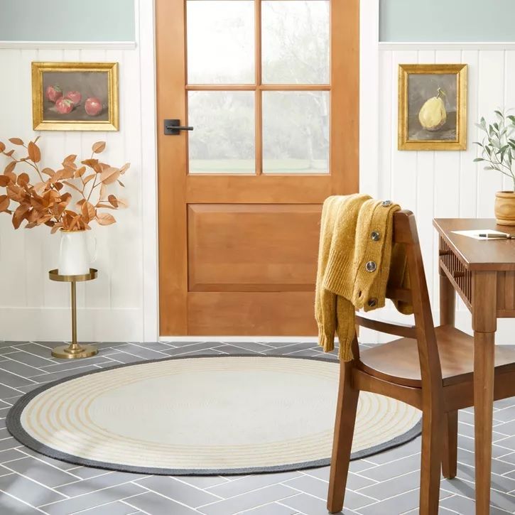 Photo 2 of Round Border Stripe Braided Area Rug Neutral - Hearth & Hand with Magnolia - 5 feet d 