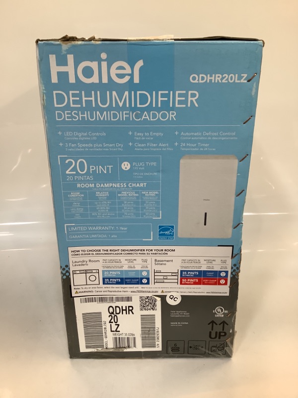 Photo 3 of Haier Energy Star 20 Pint Dehumidifier for Bedroom or Damp Spaces up to 1500 sq ft QDHR20LZ White