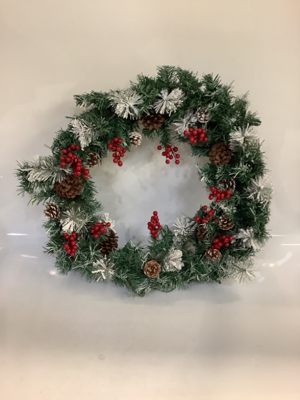 Photo 1 of 24" Flocked Glittered Pine Artificial Christmas Wreath with Pinecones and Red Berries - Wondershop