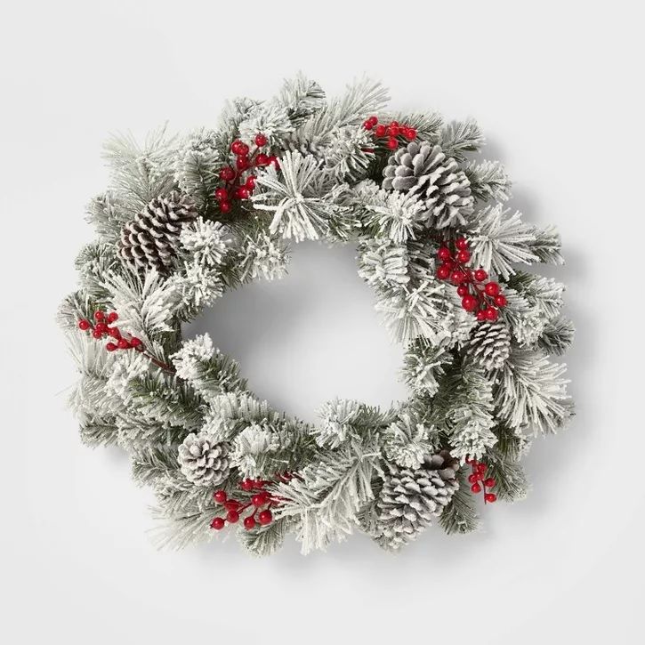 Photo 1 of 24" Flocked Glittered Pine Artificial Christmas Wreath with Pinecones and Red Berries - Wondershop