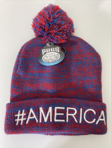 Photo 1 of Pugs #AMERICA Pom Pom Knit Red Blue Beanie Hat 