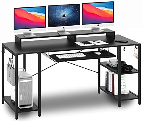 Photo 1 of  WHITE HYPIGO Computer Desk with Keyboard Tray, 55 inch Industrial Home Office Desk W/ Storage Shelves Monitor Stand Headset Hooks Study Writing Desk Workstation for Small Space Bedroom