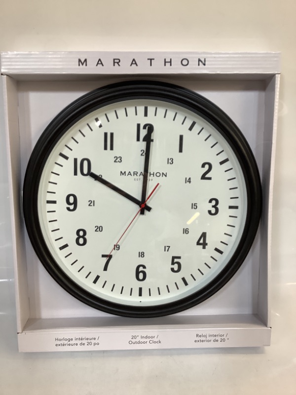 Photo 2 of Marathon Jumbo 20" Indoor/Outdoor Analog Clock, Black - Silent, Continuous-Sweep Second Hand - Water-Resistant Casing - 12 & 24-Hour Markers - Easy to Read & Mount Black No thermometer