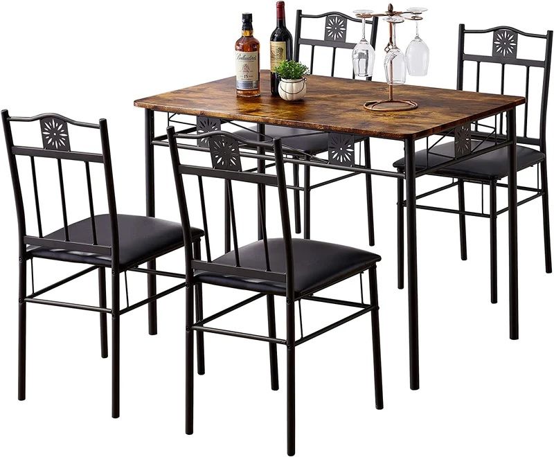 Photo 1 of VECELO 5 Piece Dining Table Set with 4 Chairs Metal and Wood Rectangular Breakfast Nook Retro Brown for Kitchen