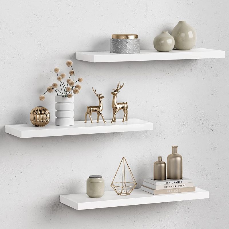 Photo 1 of White Floating Shelves for Wall Decor, 24 Inches Long Wall Shelves for Bedroom Storage, Large Deep Wall Mounted Shelves for Bathroom Towels, Laundry Living Room, Kitchen, Closet, Set of 3