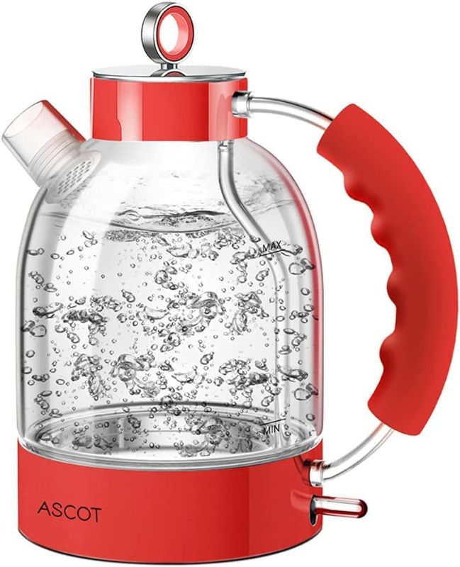 Photo 1 of Electric Kettle, ASCOT Glass Electric Tea Kettle 1.7L, 1500W, Stainless Steel Tea Heater & Hot Water Boiler, Borosilicate Glass, BPA-Free, Cordless, with Auto Shut-Off and Boil-Dry Protection-Red