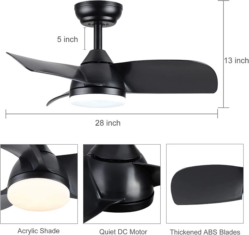 Photo 2 of **COLOR IS DIFFERENT THAN STOCK IMAGE** POCHFAN 28in Small Black Ceiling Fan with Light Remote Control, Modern Ceiling Fans Dimmable 3 Color Temperature Reversible 6 Speed Quite DC Motor for Bedroom Nursery Reading Room