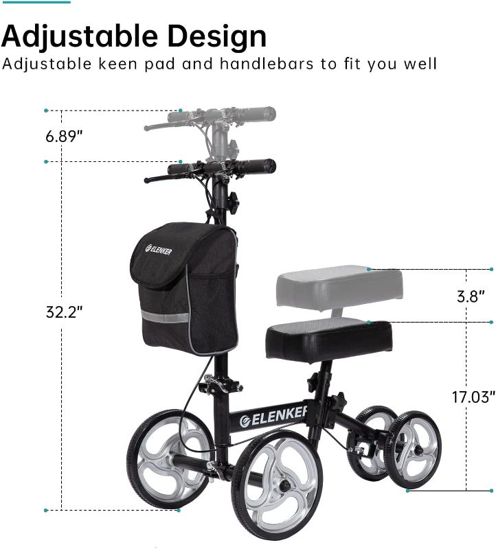 Photo 2 of ELENKER Steerable Knee Walker with 10" Front Wheels Deluxe Medical Scooter for Foot Injuries Compact Crutches Alternative Black