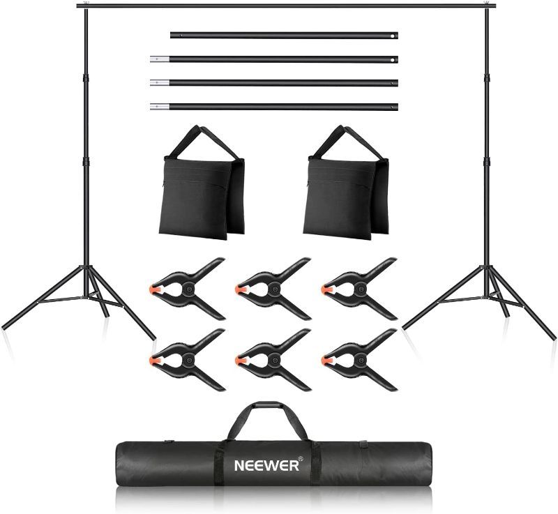 Photo 1 of NEEWER Backdrop Stand 10ft x 7ft, Adjustable Photo Studio Backdrop Support System for Wedding Parties Background Portrait Photography with 4 Crossbars, 6 Clamps, 2 Black Sandbags and Carrying Bag