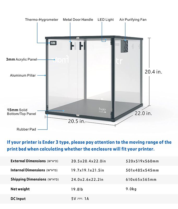 Photo 2 of FNTAR Box 3D Printer Enclosure Acrylic Plexiglass Kit Ender 3 Enclosure Prusa Enclosure USB LED Light Ventilation Fan for Creality Ender 3/Ender 3 V2/Ender 3 Pro/Prusa Mini+