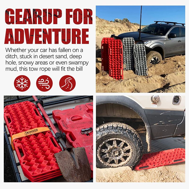 Photo 3 of BUNKER INDUST Off-Road Traction Boards with Jack Base, Pair Recovery Tracks 4X4 Jeep Truck Tire Traction Mat with Bag -Sand, Mud, Snow Ladder Ramps (Red)