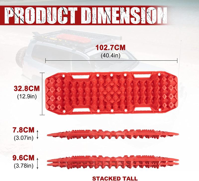 Photo 2 of BUNKER INDUST Off-Road Traction Boards with Jack Base, Pair Recovery Tracks 4X4 Jeep Truck Tire Traction Mat with Bag -Sand, Mud, Snow Ladder Ramps (Red)