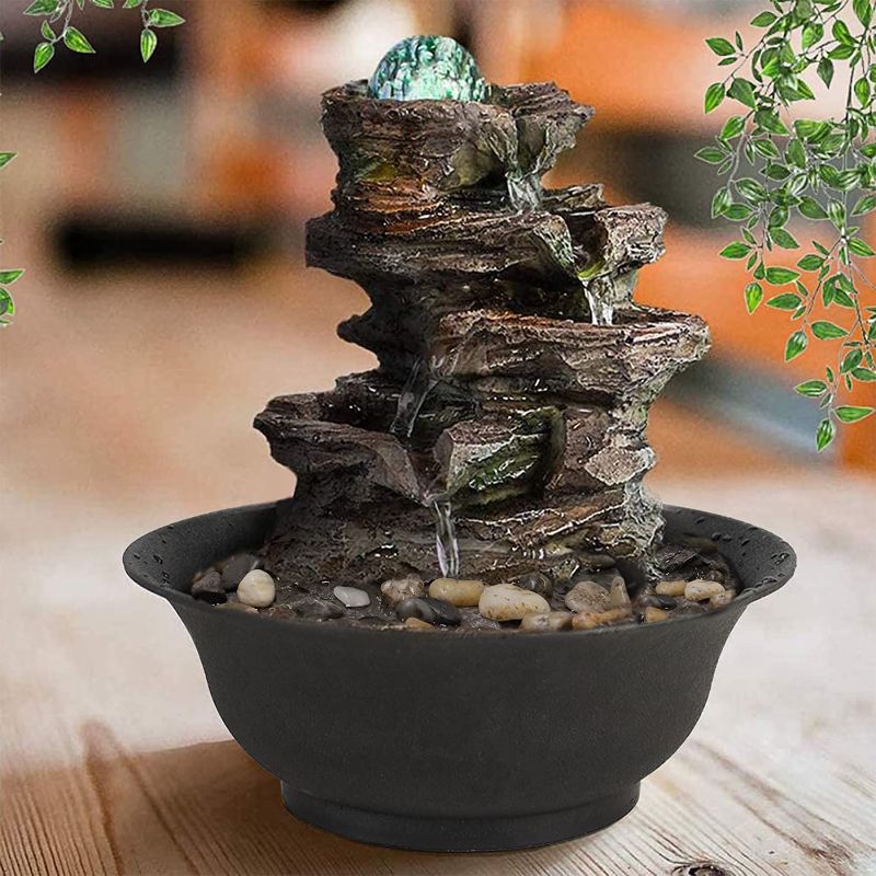 Photo 1 of Ferrisland 4-Tier Tabletop Water Fountain with Cascading Rock Waterfall and LED Lights for Office Home Décor