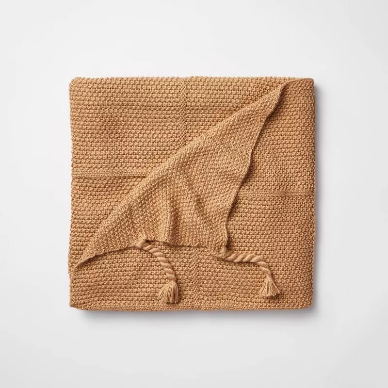 Photo 1 of Camel Windowpane Knit Throw Blanket with Tassels - Threshold designed with Studio McGee