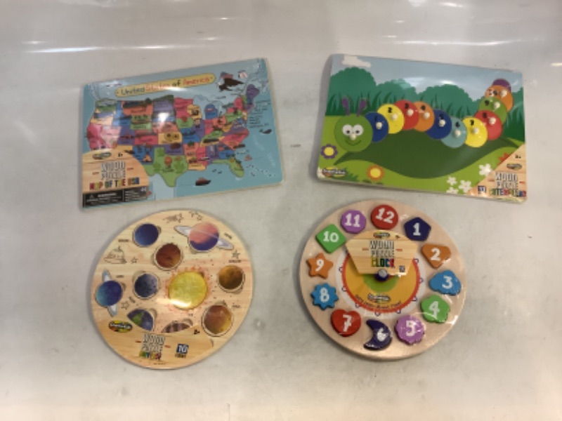 Photo 1 of 4CT LOT Kids Educational Wooden Puzzle Set, Learn Planets, Clocks, Counting & The States 