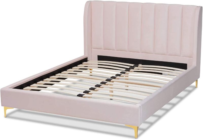 Photo 2 of **FOR PARTS** **BOX TWO OF TWO ONLY** Baxton Studio Saverio Glam and Luxe Light Pink Velvet Fabric Upholstered Queen Size Platform Bed with Gold-Tone Legs