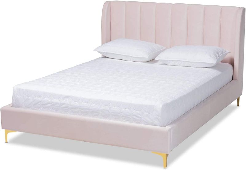 Photo 1 of **FOR PARTS** **BOX TWO OF TWO ONLY** Baxton Studio Saverio Glam and Luxe Light Pink Velvet Fabric Upholstered Queen Size Platform Bed with Gold-Tone Legs