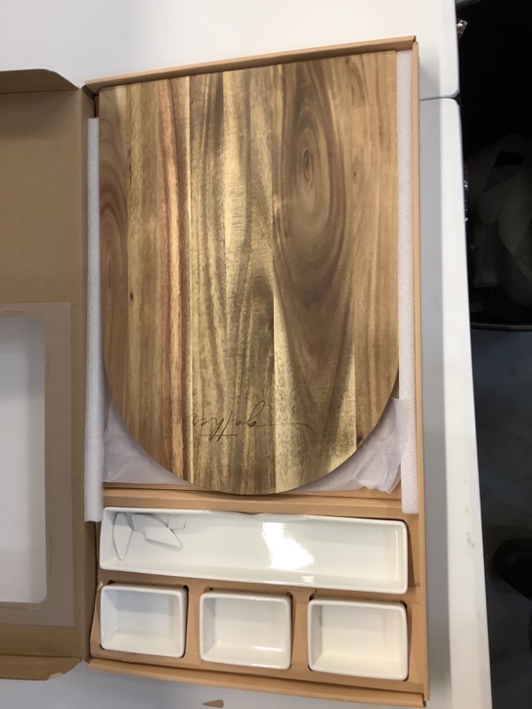 Photo 2 of Acacia Wood Cheese & Charcuterie Board - Féte Set Grand - Functional Serving Board incl. 4 Washable, Movable Serving Dishes, Perfect for Entertaining, Makes a Great Holiday/Wedding Gift - 16.25 x 12” (No Engraving) Acacia Wood with Ceramic Dishes 16x25