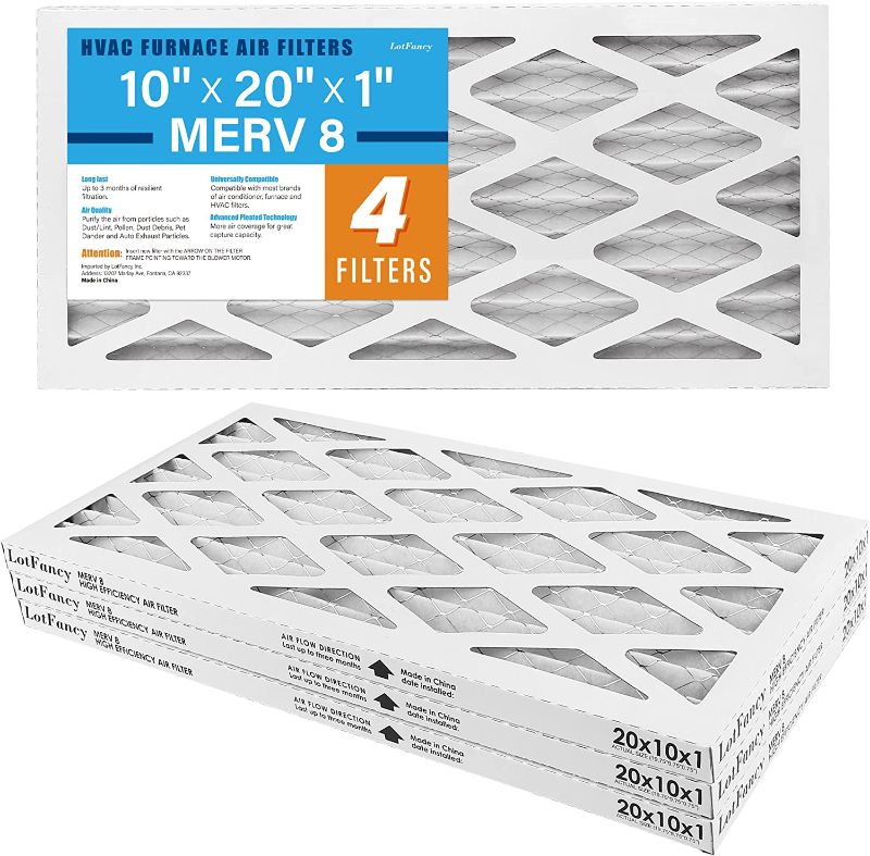 Photo 1 of LotFancy 10x20x1 Air Filters, 4 Pack, MERV 8 Pleated AC Furnace Filters, MPR 600, Air Conditioner HVAC Filter Replacement Box