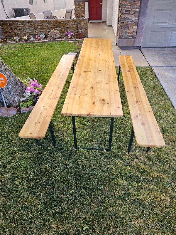 Photo 1 of 3 PIECE PORTABLE FOLDING PICNIC BEER TABLE WITH BENCHES  85” X 19” H 30” MADE OF FIR WOOD FACTORY SEALED