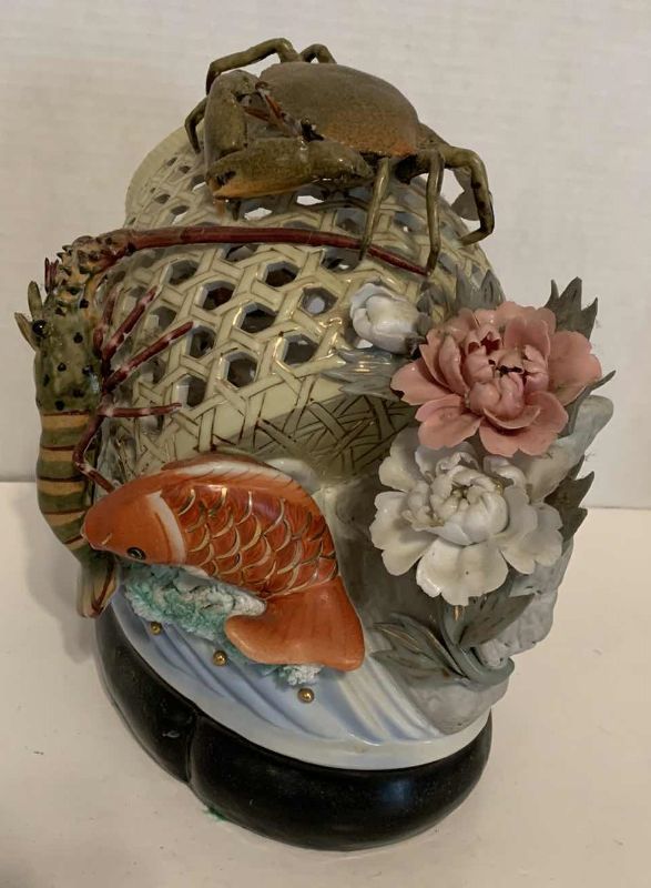 Photo 1 of LARGE JAPANESE MAJOLICA CRAB LOBSTER AND KOI BASKET 11” X 8” H 12”